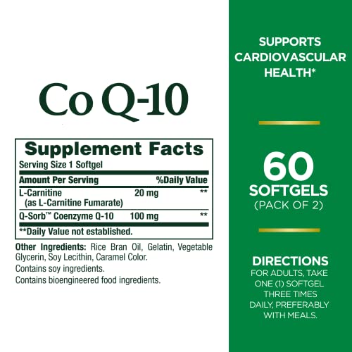 CoQ10 by Nature's Bounty, Dietary Supplement, Supports Heart Health, 100mg Plus L-Carnitine, Twin Pack, 120 Softgels
