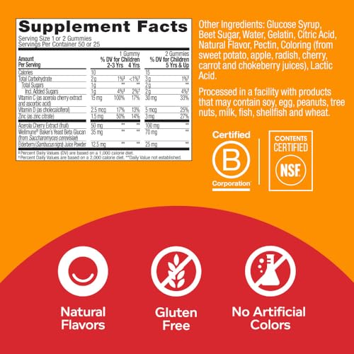 Kids Immunity Gummy, Immune Support, Wellmune, Elderberry, Vitamin C, Zinc, Chewable Supplement, Cherry - 50 Count