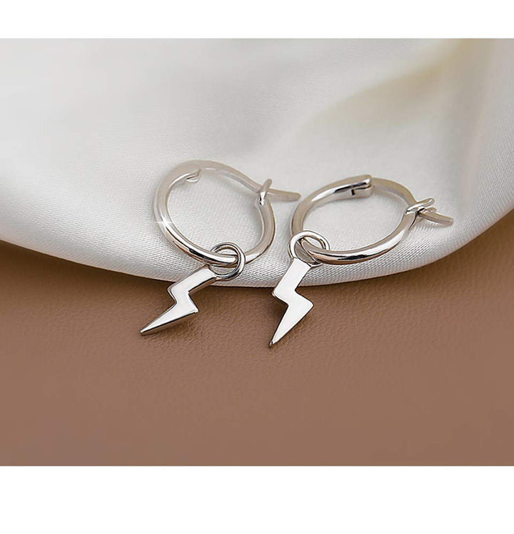 Small Lightning Bolt Dangle Hoop Earrings for Women Girls Sterling Silver Dipped Huggie Personalized Drop Clip Hypoallergenic Stud Delicate Charm Punk Fashion Jewelry Chic Silver-Tone