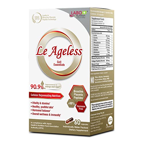 Le Ageless – Placenta Cell Rejuvenating Therapy from Japan – Enhanced with Collagen Peptide and Brewer’s Yeast to Supports Immune Health, Skin Regeneration, Anti-Aging – 60 Capsules