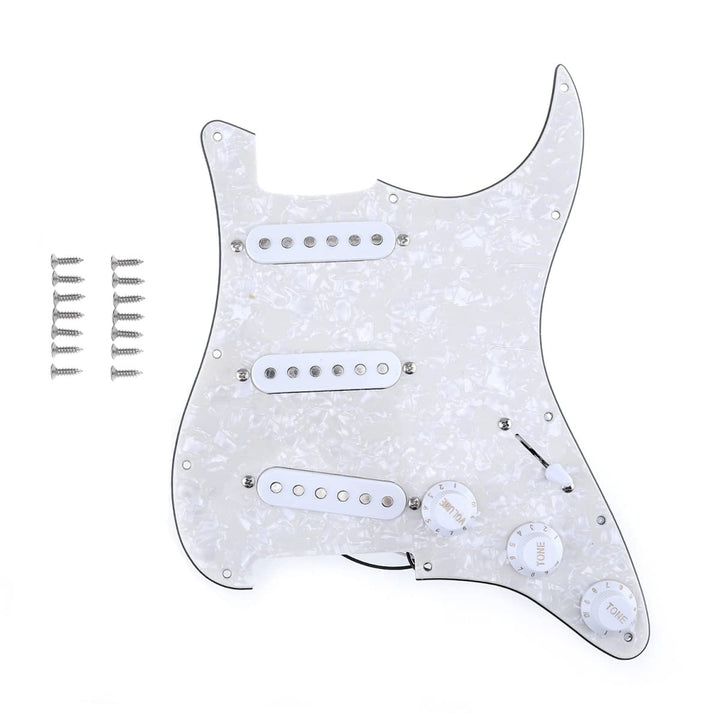 11-Hole SSS Prewired Loaded Pickguard with Single Coil Pickups Set for Fender Squier Strat Electric Guitar, 4Ply Aged White Pearl