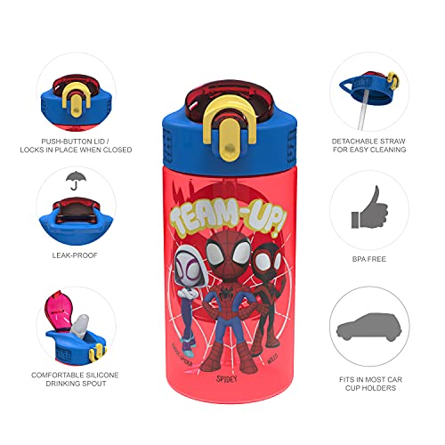 Marvel Spider-Man Kids Water Bottle with Spout Cover and Carrying Loop, Durable Plastic, Leak-Proof Design for Travel (16 oz, 2-Pack, Spidey and His Amazing Friends)