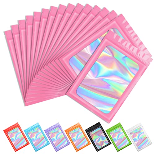 Funfery 100 pcs Pink Smell Proof Mylar Holographic Bags Packaging Bags,Clear Resealable Odor Proof Bags Foil Pouch Bags for Food Storage,Gloss,Jewelry,Eyelash Packaging for Small Business(6.3x9.4In)