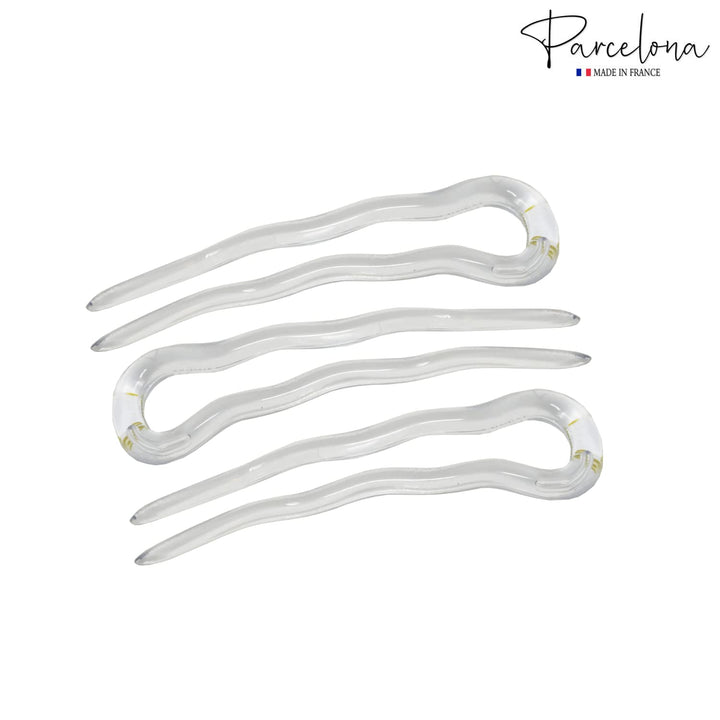 French Mystic Crystal Clear Transparent 3 Inch Wavy Set of 3 Celluloid U Shaped Hair Pins for Hair Bun Style for Women and Girls Hair Styling Accessories, Made in France