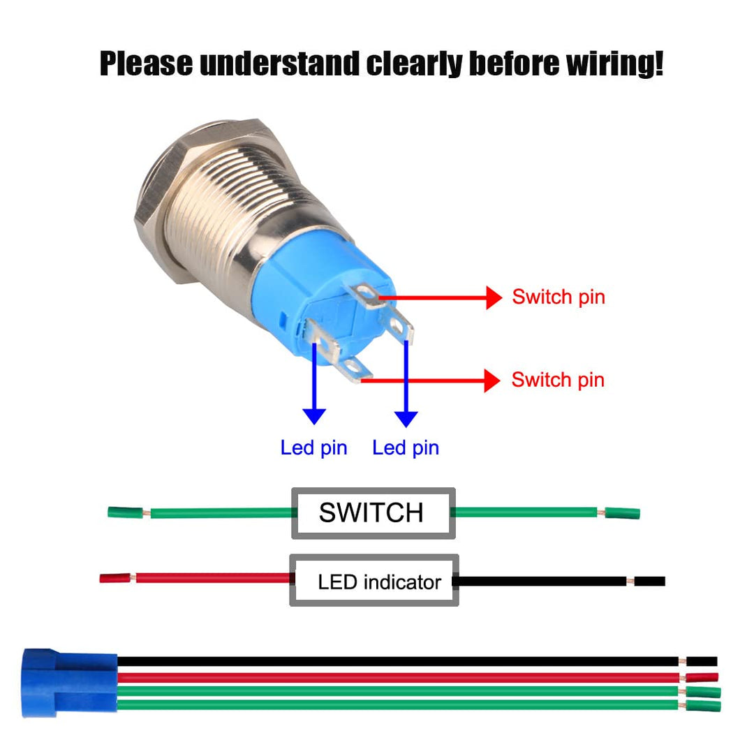 2pcs 0.47/12mm Stainless Steel Self-locking Latching Push Button Switch 12V-24V 3A Power Symbol LED Normally Open SPST ON Off Waterproof Toggle Switch with Wire Socket Plug (Blue+Red)