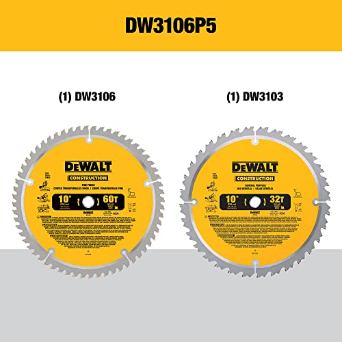 10-Inch Miter Saw Blades/Table Saw Blades, 2-Blade Combo, 60-Tooth & 32-Tooth Pack (DW3106P5)
