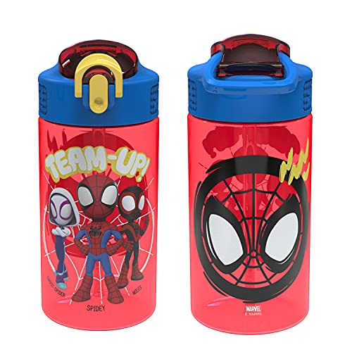 Marvel Spider-Man Kids Water Bottle with Spout Cover and Carrying Loop, Durable Plastic, Leak-Proof Design for Travel (16 oz, 2-Pack, Spidey and His Amazing Friends)