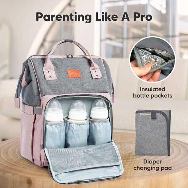Baby Diaper Bag Backpack - Baby Bag for Boys, Girls, Waterproof Multi Function Baby Backpack, Large Diaper Bags for Baby Girl, Baby Boy, Travel Diaper Bag with Changing Pad(Pink Gray)