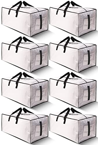 8 Pack Large Strong Moving Bags with Zippers & Carrying Handles - Water-Resistant - Heavy Duty Storage Tote for Space Saving, Fold Flat, Alternative to Moving Box (Semi-Transparent)