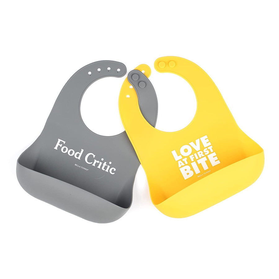 Wonder Bib 2pk - Adjustable Silicone Baby Bibs for Girls & Boys, Durable and Waterproof BPA Free Silicone, Love at First Bite & Food Critic