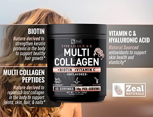 Premium Multi Collagen Peptides Protein Powder (1, 2, 3, 5 & 10) with Vitamin C, Biotin, Hyaluronic Acid, for Hair Skin and Nails - Marine, Bovine, Chicken & Eggshell (Unflavored, 45 Servings)