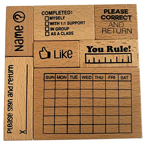 Wood Stamp Set for Teachers - SPED, General Education, Homework, Grading, and More! Calendar and Other Useful Stamps (7 Piece) - Classroom - School -Students