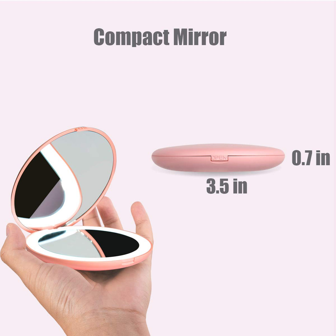 LED Travel Makeup Mirror, 3.5 inch Lighted Compact Mirror, 10X Magnification, Handheld, Double Sided, Portable Folding Mirror for Pocket, Purse, Gift, Pink, Round