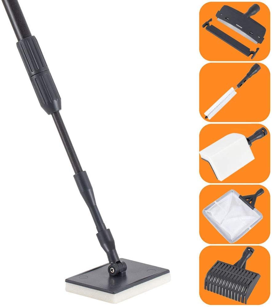 Carbon Fiber 6 in 1 Aquarium Cleaning Tool Kit Al-gae Scraper Scrubber Pad Sponge Telescopic Handle Fish Tank Brush Cleaner Set for Saltwater Freshwater