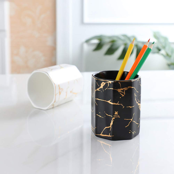 Ceramic Desk Pen Holder Stand Marble Pattern Pencil Cup Pot Desk Organizer Makeup Brush Holder (Blue)