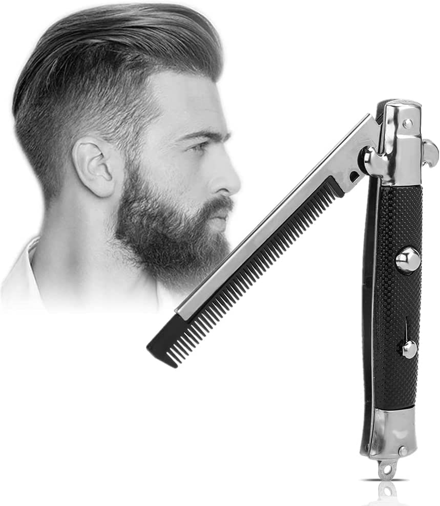 Hair Combs Switchblade, Foldable Pocket Oil Hair Styling Comb for Men, Beard and Moustache Styling Flick Comb, Metal + Plastic Folding Automatic Push Button Brush for Daily Care