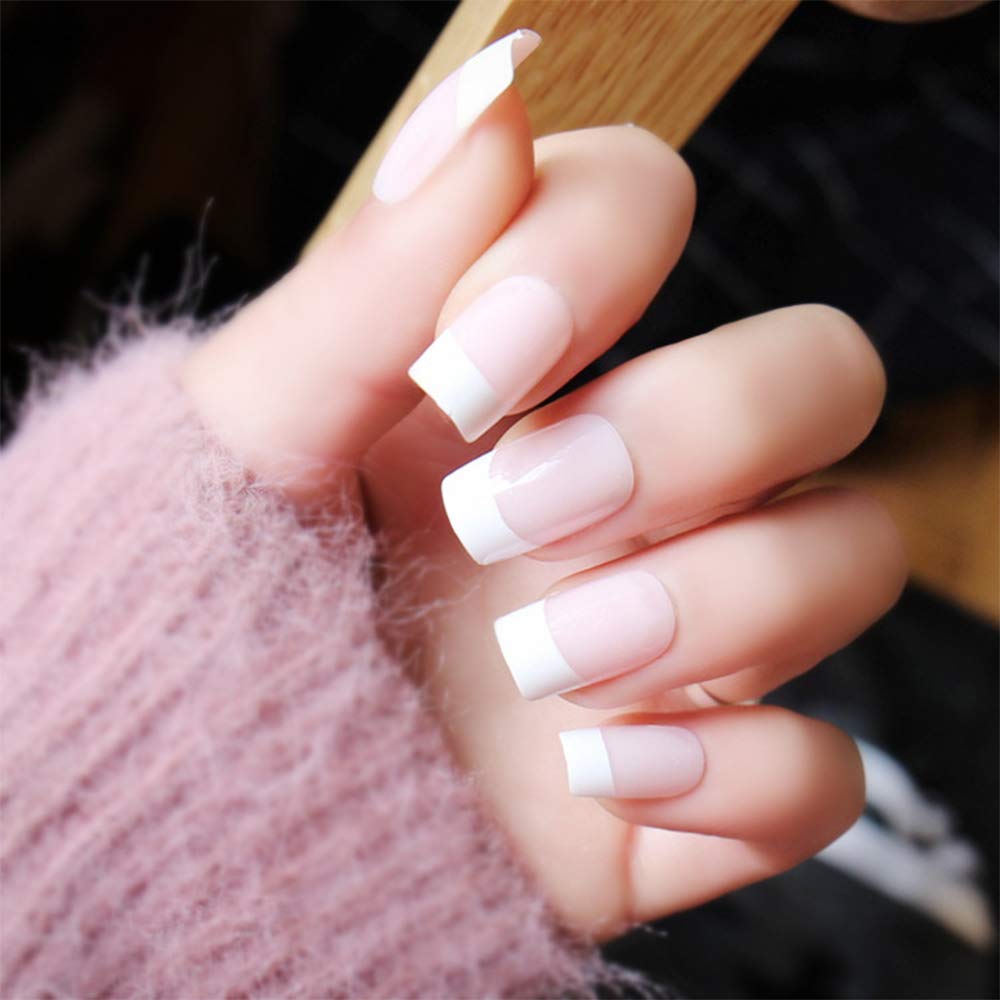 24Pcs French False Nails Simple Pink Nude Glossy Full Cover Artificial Fingernails Medium Square Fake Nails with Glue for Women and Girls (Style 8)