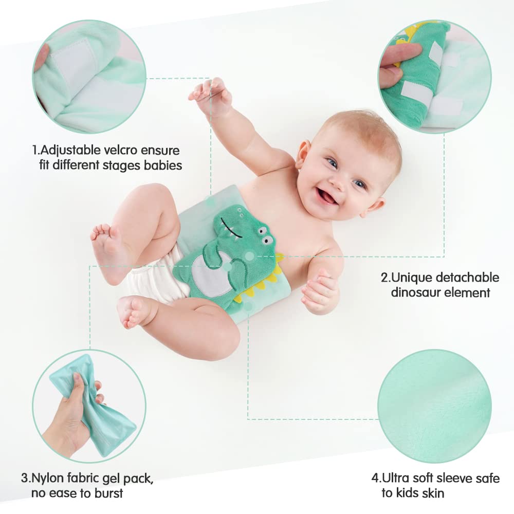 Baby Colic, Gas and Upset Stomach Relief, Heated Warmer Tummy Wrap with 2 Gel Packs for Newborns and Infants, Baby Heating Pad Swaddling Belt Natural Relief (Green Dinosaur)