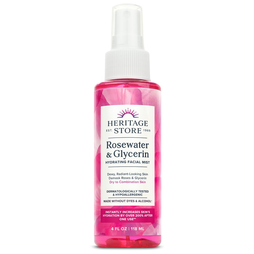 Rosewater & Glycerin Hydrating Facial Mist - Dry Combination Skin Care - Rose Water Spray w/ Vegetable Glycerine, Made Without Dyes or Alcohol, Hypoallergenic, Vegan, Cruelty Free, 4oz