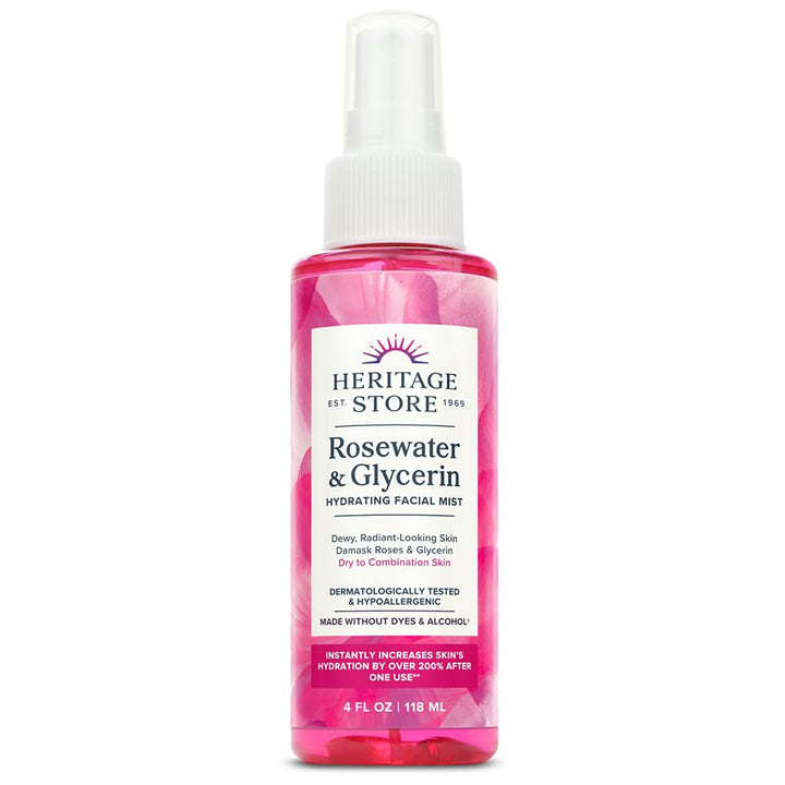 Rosewater & Glycerin Hydrating Facial Mist - Dry Combination Skin Care - Rose Water Spray w/ Vegetable Glycerine, Made Without Dyes or Alcohol, Hypoallergenic, Vegan, Cruelty Free, 4oz