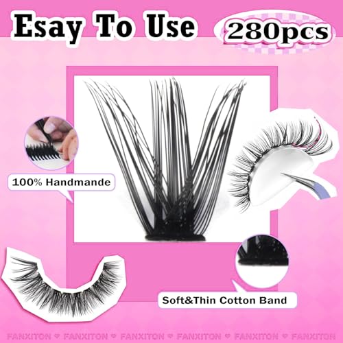 DIY Lash Extension Kit Volume Lash Clusters 40D+50D D Curvature Individual Lashes Lash Clusters Kit Thick Eyelash Extension Kit 280 pcs Thin Band Cluster Lashes Lash Bond and Seal Tweezers