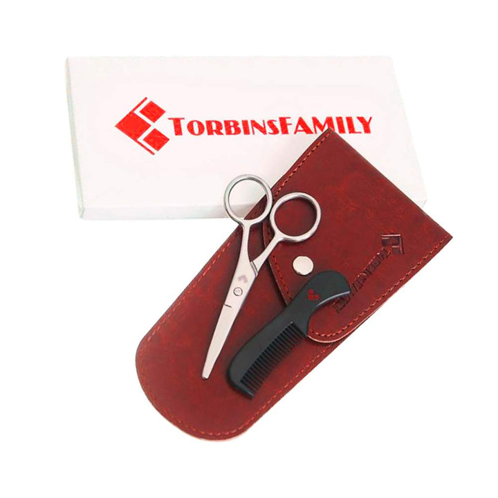 Beard Scissors Small and Comb with Case - Kit for Men Gift Set - for Trimming, Grooming, Cutting Mustache, Beards-