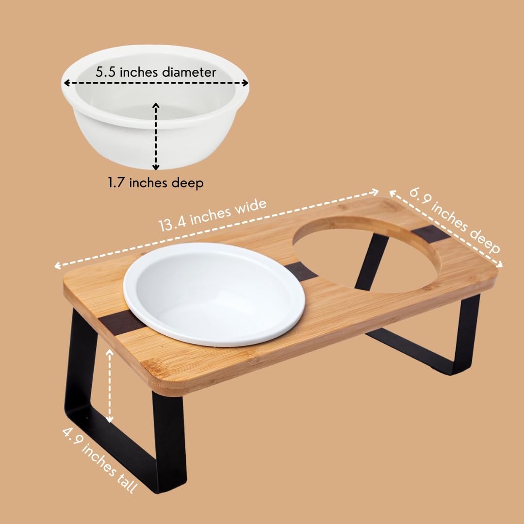 Elevated Cat Ceramic Bowls Stand for Food and Water, Small Dog, Anti Vomit, Indoor Cats, Tilted Feeding Position, Full Bamboo Body Stand with Food Grade, Whisker Friendly Dish for Cats and Puppy