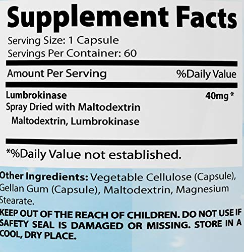 Lumbrokinase 40 mg 60 vegetable capsules supports healthy heart All natural Made in USA