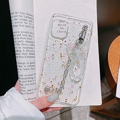Girl Women Beautiful Gold Foil Goldleaf Transparent TPU Phone Case +Metal Bracelet Chain +Butterfly Lanyard, for iPhone 11, Full Protection (Scratch-Resistant &Shockproof) -Silver