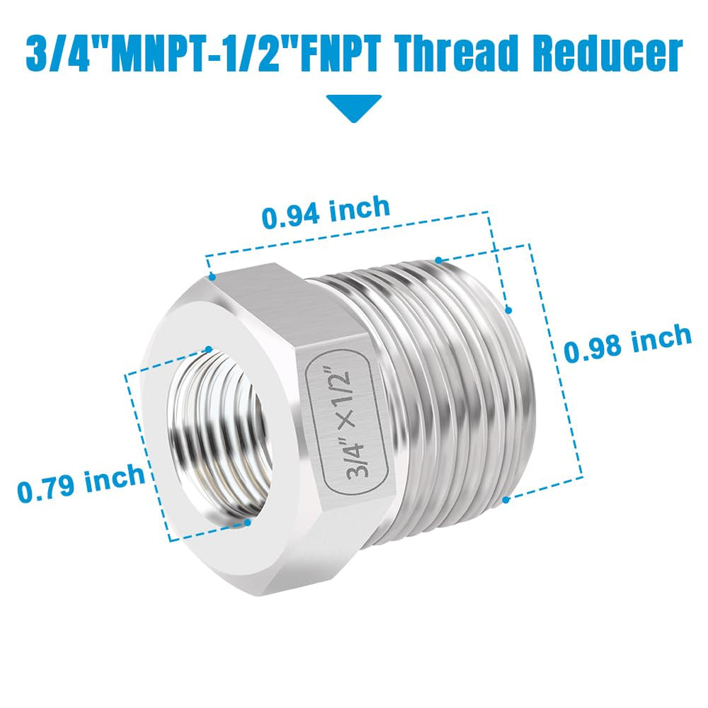Stainless Steel Reducing Hex Bushing, 3/4 Male NPT to 1/2 Female NPT, Reducer Bushing Pipe Hose Fitting(Pack of 1)