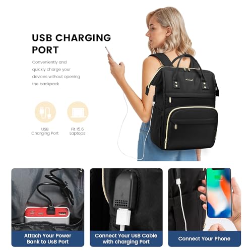Laptop Backpack Women, 15.6 Inch Work Backpack Woman for Teacher Nurse Bags, Computer College Backpack Purse, Waterproof Anti-theft Travel Back Pack with USB Charging Port, Black
