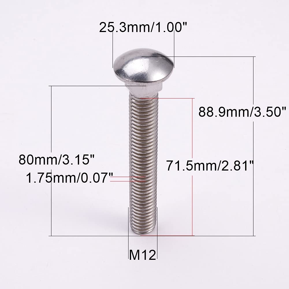 2Pcs M120mm 1.75mm Pitch Length 304 Stainless Steel Round Domed Head Square Neck Carriage Bolts Silver Tone