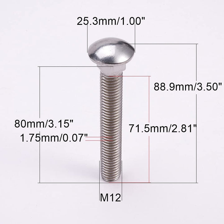 2Pcs M120mm 1.75mm Pitch Length 304 Stainless Steel Round Domed Head Square Neck Carriage Bolts Silver Tone