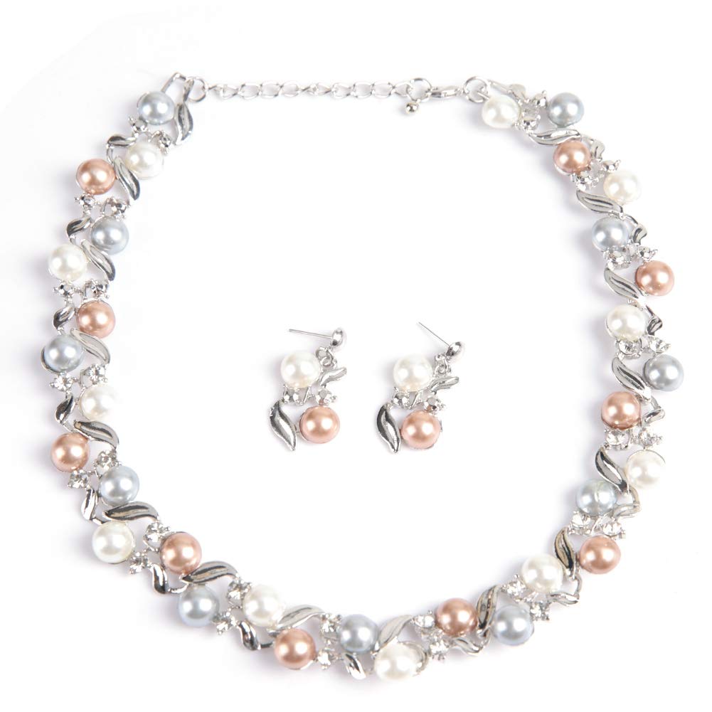 Women Faux Pearl Necklace Earrings Set , Bridal Jewelry Set with Rhinestone Jewelry Lady Mother's Day(silvery white)
