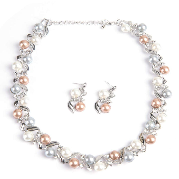 Women Faux Pearl Necklace Earrings Set , Bridal Jewelry Set with Rhinestone Jewelry Lady Mother's Day(silvery white)