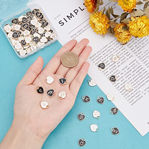 12 Constellation Heart Charms, 96pcs Zodiac Sign Enamel Pendants Double Sided Birthday Sign Lucky Charm Astrology Horoscope Pendant for DIY Bracelet Necklace Earring Making (Black White)