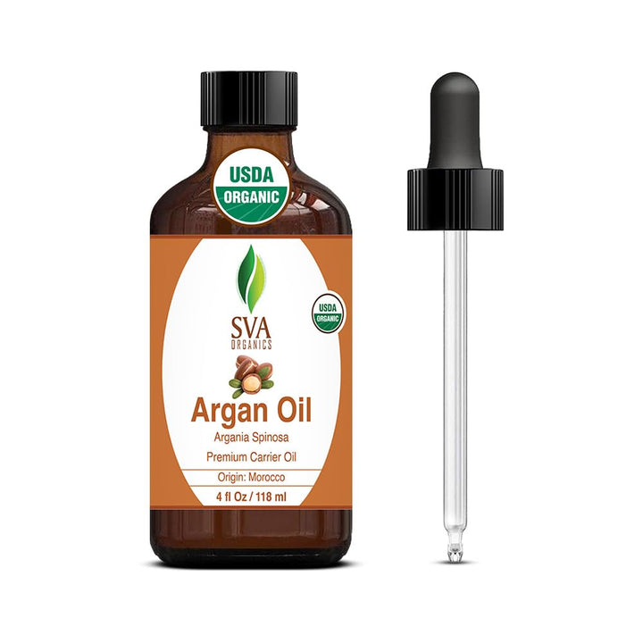 SVA Argan Oil Organic - 4 Fl Oz – 100% Natural Cold Pressed Organic Argan Oil - for Face, Skin Care, Hair Care, Scalp Massage & Body Massage – Carrier Oil with Dropper