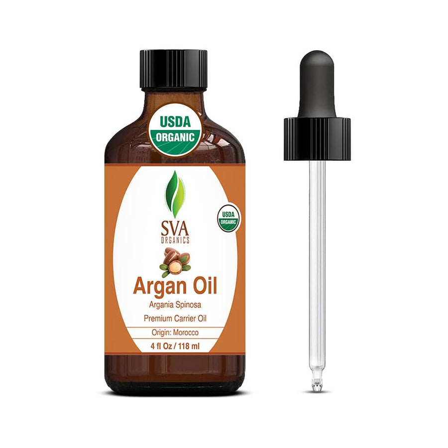 SVA Argan Oil Organic - 4 Fl Oz – 100% Natural Cold Pressed Organic Argan Oil - for Face, Skin Care, Hair Care, Scalp Massage & Body Massage – Carrier Oil with Dropper