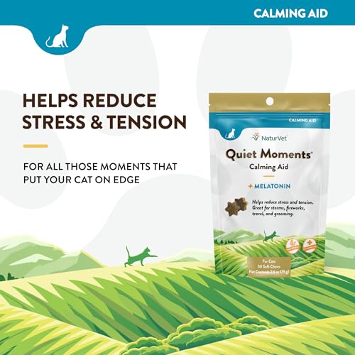 Quiet Moments Calming Aid Cat Supplement Plus Melatonin – Helps Reduce Stress in Cats – for Pet Storm Anxiety, Motion Sickness, Grooming, Separation, Travel – 50 Ct. Soft Chews