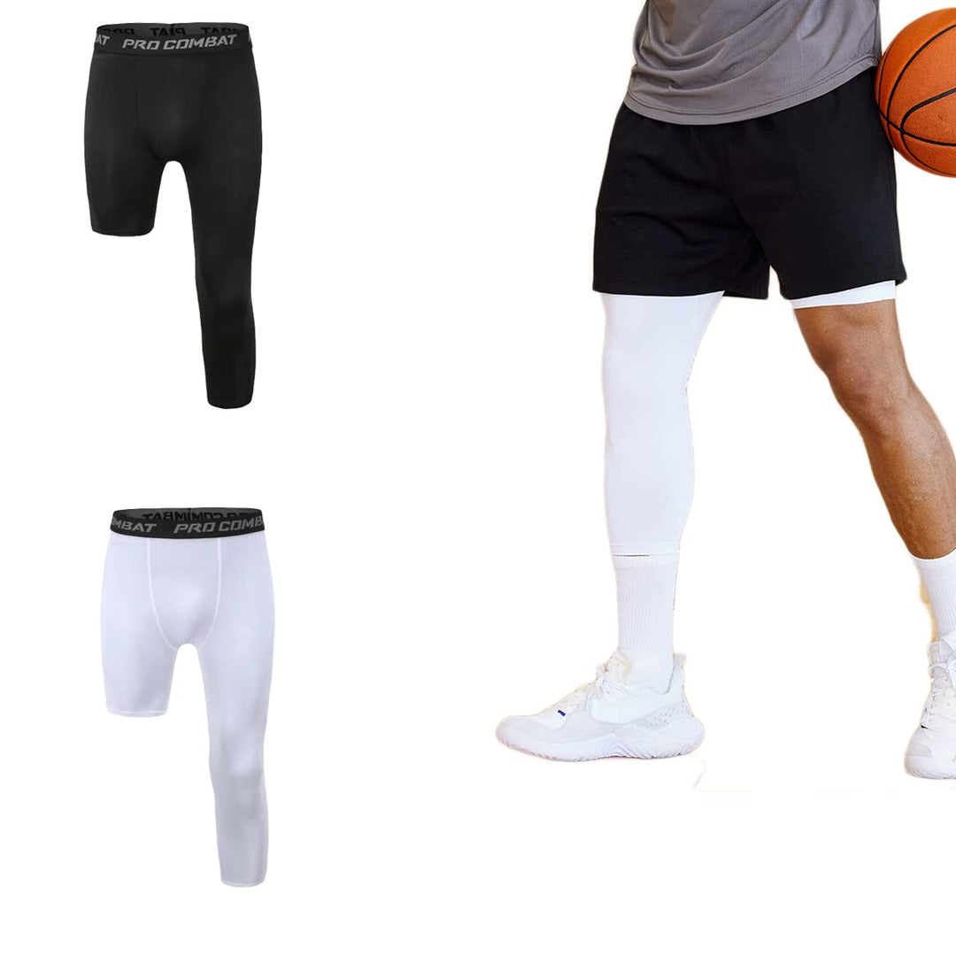 Mens 3/4 One Leg Compression Capri Tights Pants Athletic Base Layer Underwear (Black-R,M)