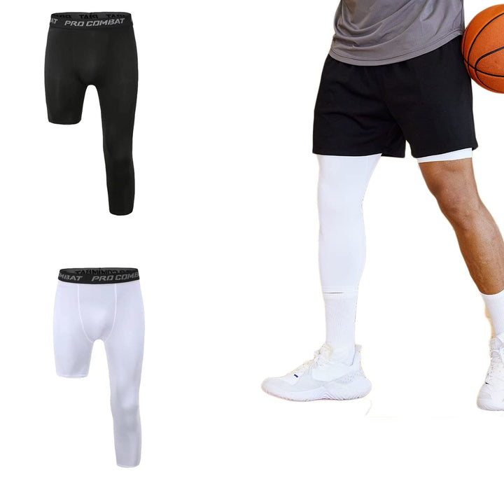 Mens 3/4 One Leg Compression Capri Tights Pants Athletic Base Layer Underwear (Black-R,M)