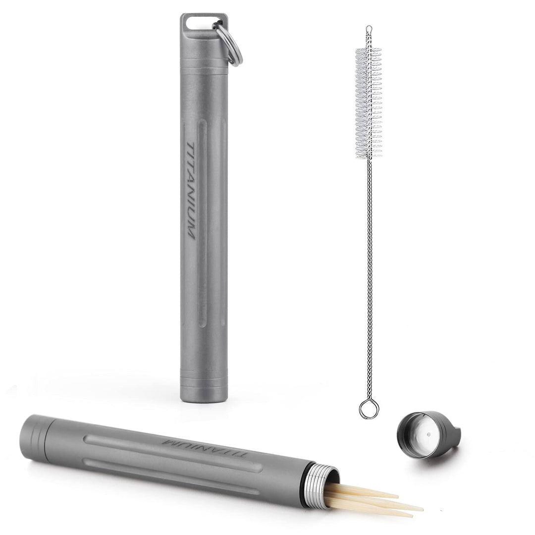 Titanium Toothpick Holder Portable Waterproof Metal Toothpicks Holder-With Small Key Ring & Mini Tooth Pick Holder Cleaning Brush(Grey)