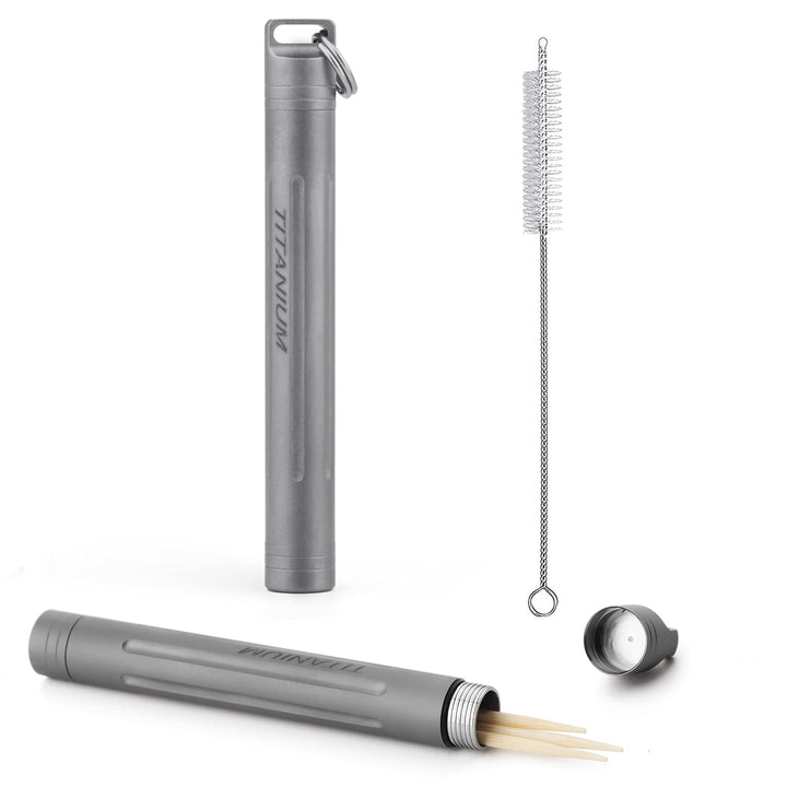 Titanium Toothpick Holder Portable Waterproof Metal Toothpicks Holder-With Small Key Ring & Mini Tooth Pick Holder Cleaning Brush(Grey)