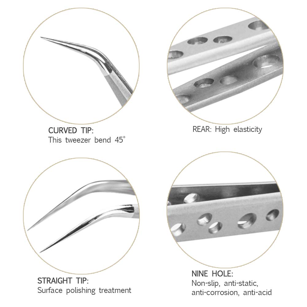 Volume and Individual Eyelash Extension Tweezers, 9 Holes Professional Stainless Steel Precision Tweezers Set - Straight and Curved Pointed Tweezers for Eyelash Extension Supplies Tool by OBEYA