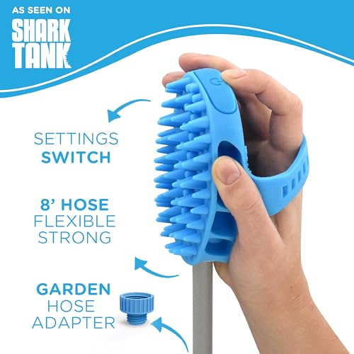 Pro Pet Bathing Tool – Large Sprayer and Scrubber in One – Works with Indoor Shower or Outdoor Garden Hose – for Large Dog and Cat Grooming – Hose and Shower Adapters Included & 8 Foot Hose