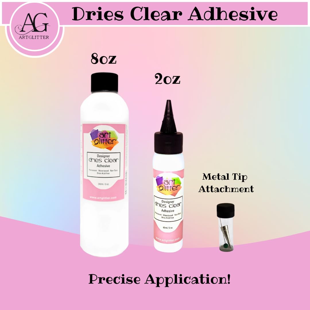 Art Institute Glitter Designer Dries Clear Adhesive Bundle 8oz,2oz, Metal Tip