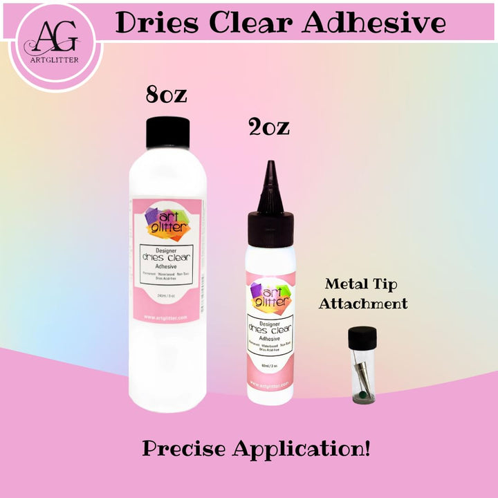 Art Institute Glitter Designer Dries Clear Adhesive Bundle 8oz,2oz, Metal Tip