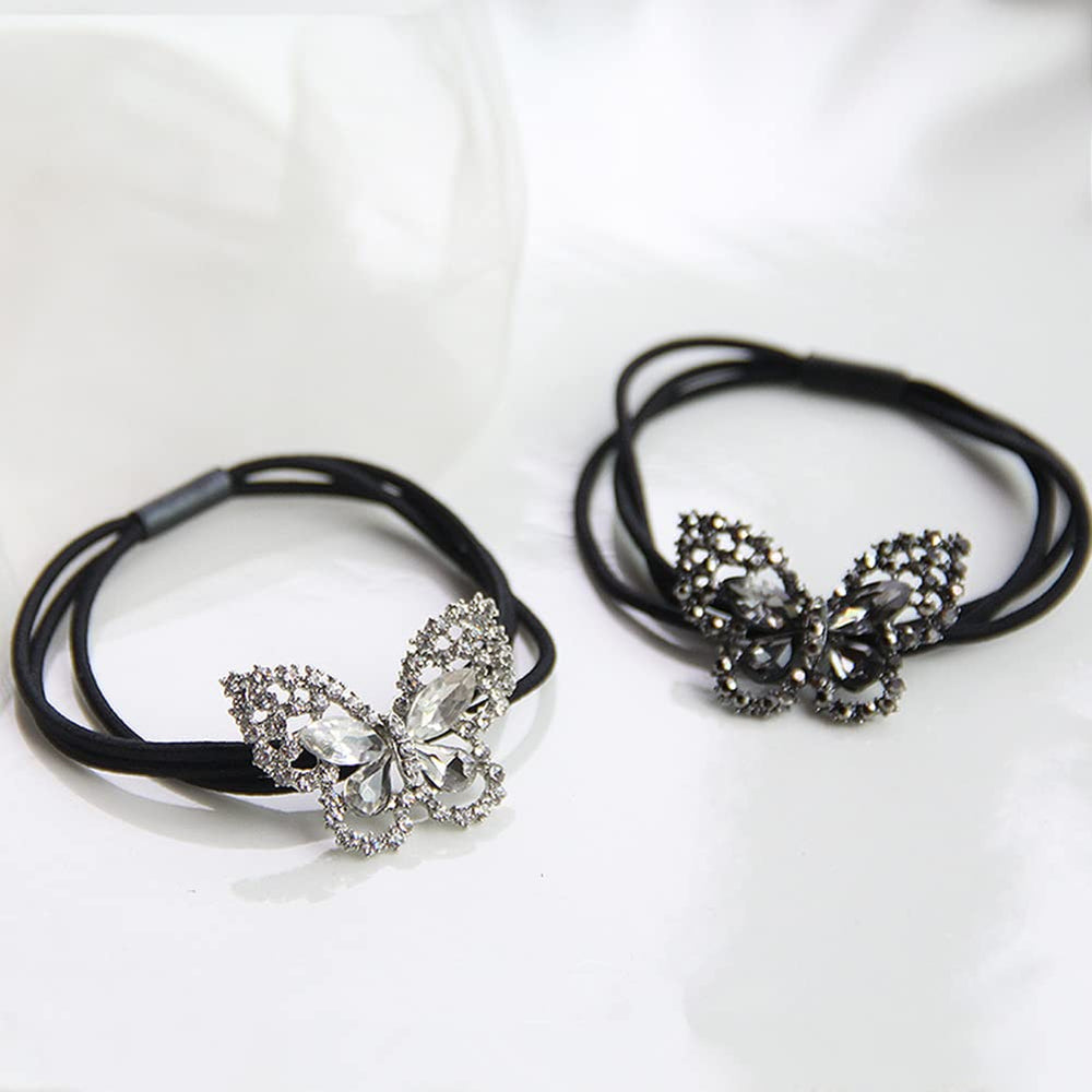 2Pcs Elegant Women Girls Hair Scrunchies Crystal Rhinestone Butterfly Hair Ties Bands Accessories Ponytail Holder