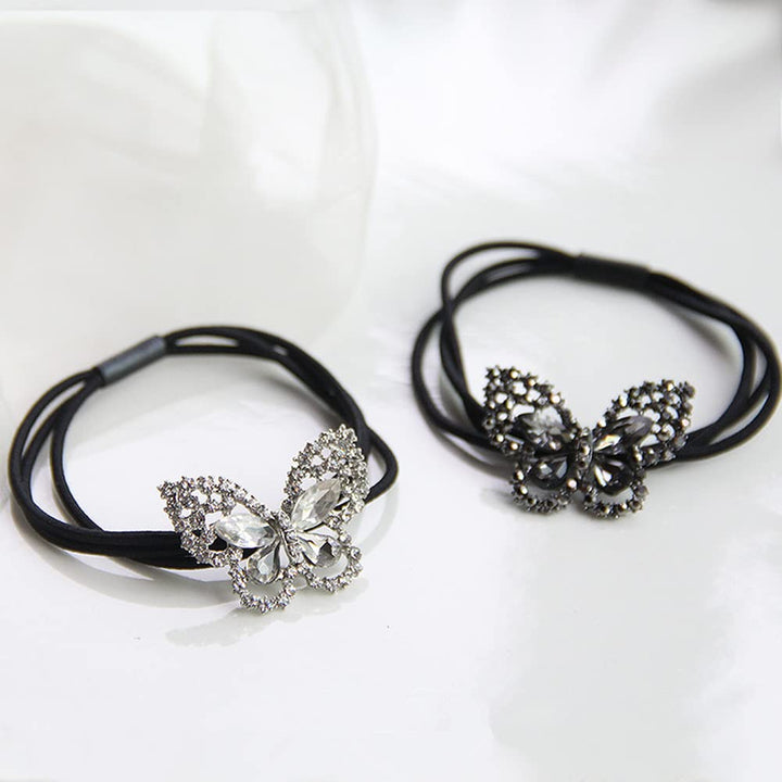 2Pcs Elegant Women Girls Hair Scrunchies Crystal Rhinestone Butterfly Hair Ties Bands Accessories Ponytail Holder