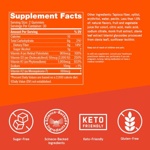 Sugar-Free Orange Strawberry Vitamins A+D+K Gummies, 60 Count, Keto Supplement for Heart, Bone and Immune Support, New and Improved Formula and Texture, Packaging May Vary